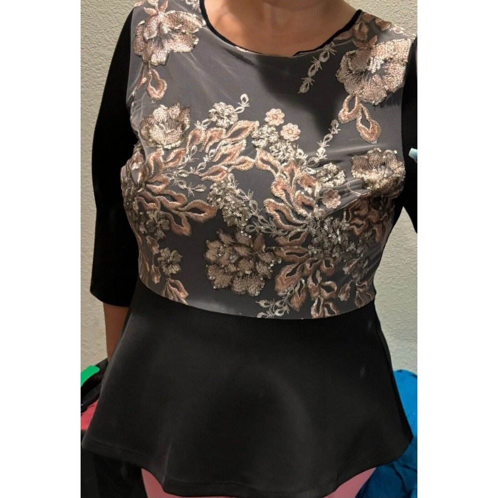 Eloquii Tunic Top Women's 18 Black Sequin Embroidered Round Neck‎ Peplum Hem Zip